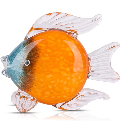 LCCCK Large Glass Fish Figurines Hand Blown Glass Fish Statue and Sculpture Home Decor, Murano Animal Tropical Sea Glass Paperweights for Desk, Glass Aquarium Coastal Beach Decorative (Orange) - color: Orange