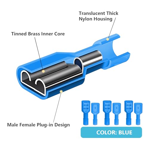 16-14 AWG Nylon Male and Female Spade Connectors Insulated Blue Quick Disconnect Wire Connector Spade Crimp Terminals (Pack of 80Pcs)