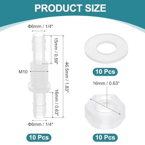 uxcell 10Pcs Plastic Hose Barb Fitting, 1/4" x 1/4" Bulkhead Adapter Union Splicer Mender Pipe Connector with M10 Nut and Washer for Aquarium Air Water Fuel - size: 1/4" x 1/4", M10 Nut
