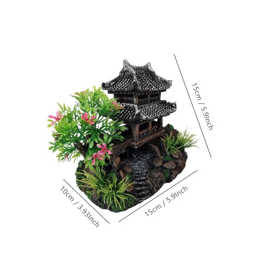 Aquarium Decoration Chinese Ancient Tower, Resin Small Fish Tank Hideout Hut Accessories, Artificial Landscape Decor Hideaway House with Tree Moss, Hollow Hideout Castle Ornament (Building)