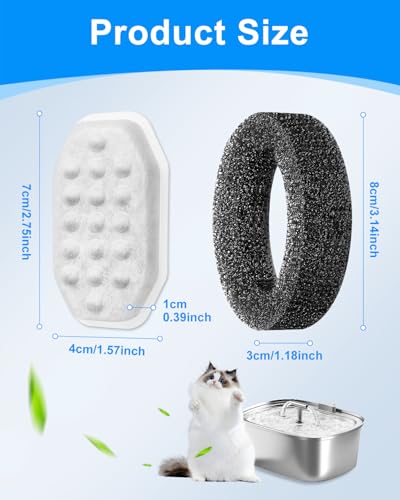 Cat Fountain Filter Replacement, Cat Water Fountain Filters Compatible with Rellaty & Fit for Neareal 3.2L/108oz Fountains, 10PCS Replacement Filters with 10PCS Sponge 10+10 Pack