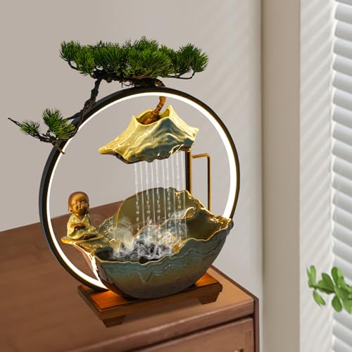 Buddha Water Fountain Indoor, Zen Monk Tabletop Water Fountain with Mist, LED Light and Backflow Incense Holder, for Home Decor, Office Decor, Yoga Meditation - size: F