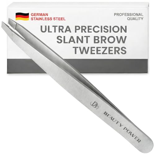 Beauty Power Tweezers for Women Facial Hair: Ultra Precision Tweezers for Women & Men, Sharp Slant Tweezer for Eyebrows, Ingrown Hair Removal. Professional Plucker + Case, German Stainless Steel Gray - color: Grey