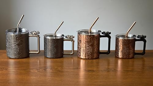 Sky Fish 3D Etching Novelty Coffee Mugs Stainless Steel Beer Travel Mugs Water Cup for Cold Beverage Drink Funny coffee tumbler with Rotating Bearing Handle with Lid and Straw,Dark Gray, 12oz