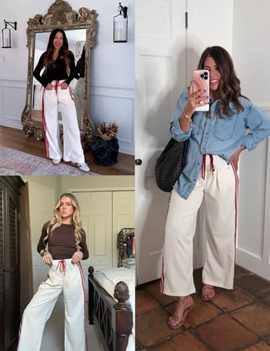 Hongsui Women's Wide Leg Pants Drawstring High Rise Side Striped Slouchy Palazzo Pants with Pockets - color: Beige, size: X-Small