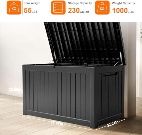 PatioZen 230 Gallon Resin Deck Box, Lockable Patio Outdoor Storage Box for Furniture, Garden Tools and Tools Storage, Waterproof Outside Storage Boxes - Black - color: Black, size: 230 Gallon