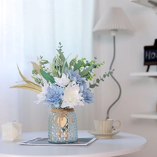 Faux Flowers with Vase,Artificial Silk Flowers in Vase, Fake Plant Eucalyptus and Willow,Flower Arrangement for Home Farmhouse Dining Table Centerpiece Decorations Coffee Table Decor (Dusty Blue)