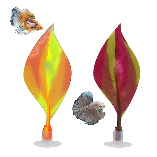WishLotus Betta Leaf Hammock, 2 PCS Realistic Silicone Betta Leaf Pad for Betta Spawning Resting Colourful Betta Leaf with Sucker for Fish Tank Plant Accessories Decorations Aquarium Ornaments (2, B)