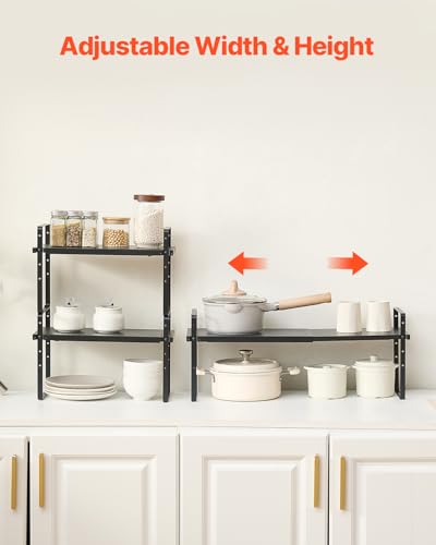 VEVOR Adjustable Kitchen Cabinet Shelf Organizer, Expandable 2 Tier Cabinet Shelf, Stackable Countertop Organizers and Storage Risers, Pantry for Kitchen Bathroom Office, Black - color: Black