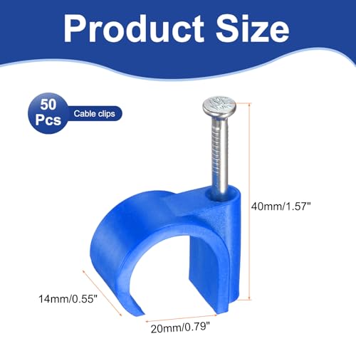 HARFINGTON 50pcs Cable Clips with Nail 20mm Circular Single Hook Half Clamp J-Hook with Nail Cord Clips for Wires on Wall for Ethernet Tacks Coax Pex Tubing Pipe Support, Blue - color: Blue, size: 20mm