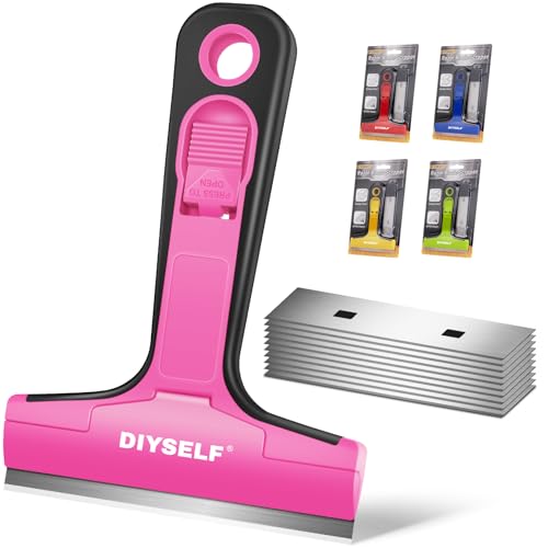 DIYSELF 1 Pack Razor Blade Scraper with 10 Extra Razor Blades, Scraper Tool, Glass Scraper for Cleaning, Glass Stove Top Scraper, Window Scraper, Paint, Cooktop, Oven Scraper, Razor Scraper Tool - color: Pink, size: 10PCS Metal Blades