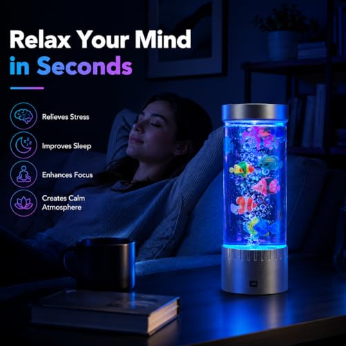 Jellyfish Lamp with RGB Color Changing LED Lights, Bubble Fish Tank Lamp with Swimming Artificial Fish, Sensory Night Light for Bedroom, Gaming Room & Desk Decor, Relaxing Gift for Kids & Adults