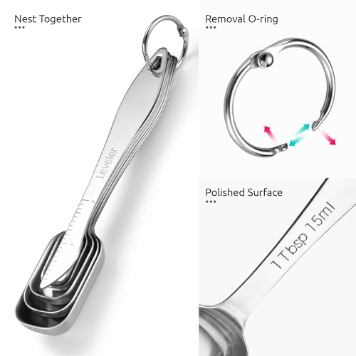 U-Taste Narrow Square Measuring Spoons: 18/8 Stainless Steel Kitchen Measure Teaspoon Tablespoon with Leveler, Polygon Rectangular Metal Jar Scoop for Baking Cooking, Coffee, Spice, Powder (Set of 6) - size: S-5+1 pcs (square)