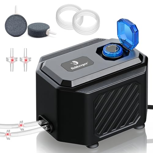 fishkeeper Ultra-Quiet Aquarium Air Pump – 10W (255GPH) Powerful Fish Tank Air Pump with Stainless Steel Dual Outlets, Adjustable Oxygen Aerator Pump with Air Stone Bubbler Kit for 1–200 Gallon - size: 10W(for Up to 200 Gallon Tanks)