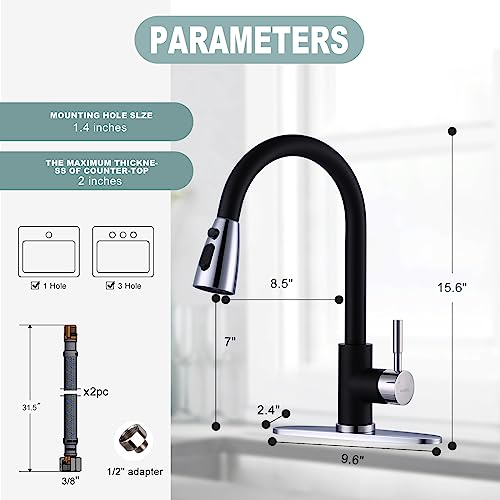 Black and Chrome Kitchen Faucet with Sprayer, WOWOW Stainless Steel Kitchen Sink Faucet High Arc Utility Sink Faucet 1 or 3 Hole, Kitchen Tap for RV, Laundry, Bar - color: Black & Chrome, style: Kitchen Faucet