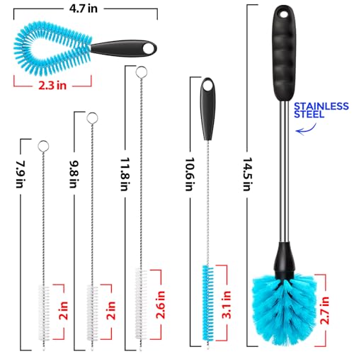 Holikme 6 Pack Bottle Brush Set, 14.5" Long Handle Stainless Steel Bottle Cleaner Brush, Long-Handled 6-in-1 Stainless Steel Bottle Brushes for Water Bottle, Cups, Abrasive Wheel Brushes, Blue