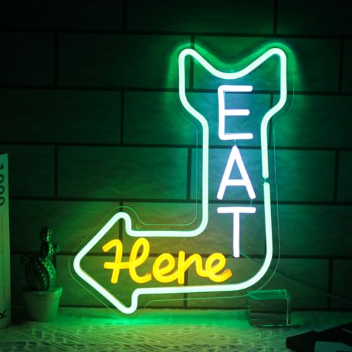 Eat Here Neon Sign Kitchen Neon Signs for Wall Decor with Arrow Guidance Green Orange White Eat Dimmable LED Sign Diner Neon Signs for Wall Bar Restaurant Kitchen Man Cave Decor - color: Green Orange White
