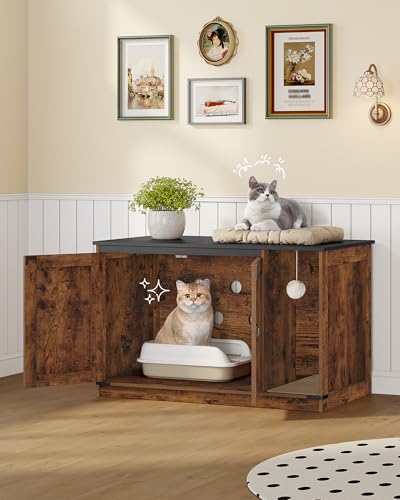 Hzuaneri Cat Litter Box Enclosure, Hidden Litter Box Cabinet Furniture with Bell, Indoor Cats House, Farmhouse Style, 39.4 x 21.7X 24.8 Inches for Hallway, Bedroom, Rustic and Black CB85201X - color: Rustic Brown and Black, size: 39.4"L x 21.7"W x 24.8"H