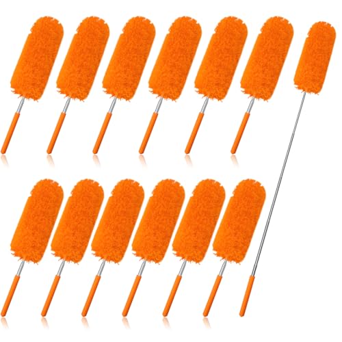 Tanlade 12 Pcs Microfiber Feather Duster for Cleaning 13-31 Inch Extendable Cobweb Dusters Ceiling Fan Duster Washable Bendable Tool for Office Car Window Furniture (Orange) - color: Orange