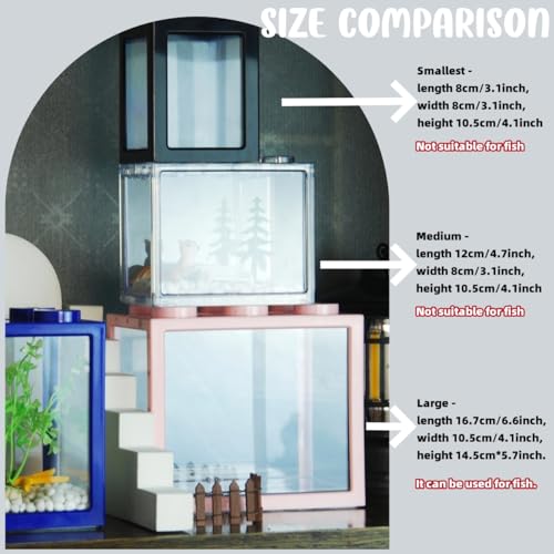 Small Sea Monkey Tank, Stackable Mini Betta Fish Tank Tinny Aquarium Kit with Aquarium Gravel, Moss Ball Tank Shrimp Tank 0.27 Gallon Acrylic Cube Fish Bowl for Shrimp Snails - color: Pink