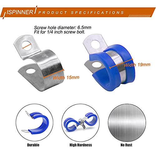 ISPINNER 52pcs Cable Clamps Assortment Kit, 304 Stainless Steel Rubber Cushion Pipe Clamps in 6 Sizes 1/4" 5/16" 3/8" 1/2" 5/8" 3/4" (Blue) - color: Blue