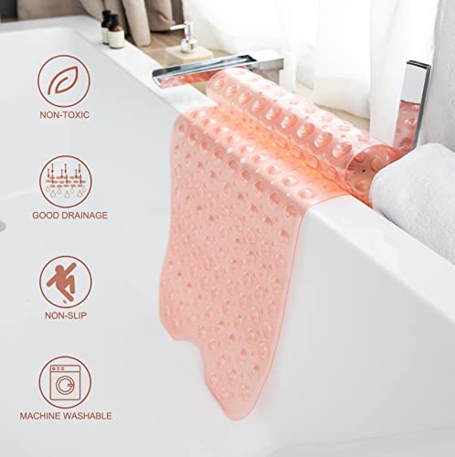 TEESHLY Bathtub Mats for Shower Tub, Extra Long Non-Slip 39 x 16 Inch Bath Mat with Drain Holes and Suction Cups, BathMat for Bathroom with Machine Washable (Clear Coral Pink) - color: Clear Coral Pink