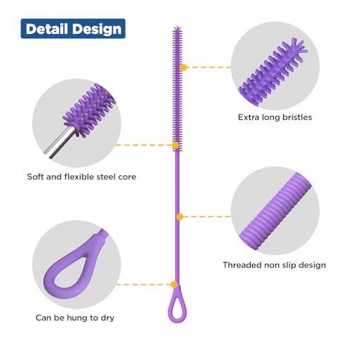 YOTIME Silicone Straw Cleaner Brush, 2Pcs Reusable Straw Brush Extra Long for Cleaning Tumbler with Handle and Glass Metal Smoothie Straws, Non-slip Handle Soft and Bendable, 6mm+9mm, Purple - color: Purple