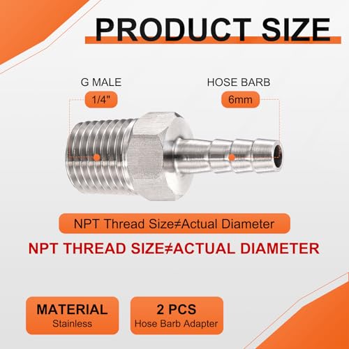 2 Pack Stainless Steel Hose Barb to g Male Adapter, 6mm Barb x 1/4" g Male for Industrial, Automotive, Fluid Transfer, Home Gardening, and Water Treatment - size: 6mm Barb To 1/4" G Male