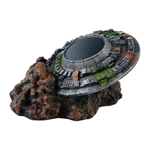 Saim UFO Wreckage Aquarium Ornament - Eco-Resin Fish Tank Hideout with Exploration Cave for Betta & Shrimp, 5.11" Stable Base Underwater Landscape Decor