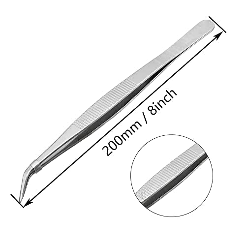 Long Forceps Tweezers, Serrated Bent Flat Tips Precision Curved Science Surgical Tongs Jewelers Needle Metal Sewing Sharp Small Kitchen Cooking Tweezers With Teeth Knurled Handles (1PCS) - color: Bent -1pcs-8inch