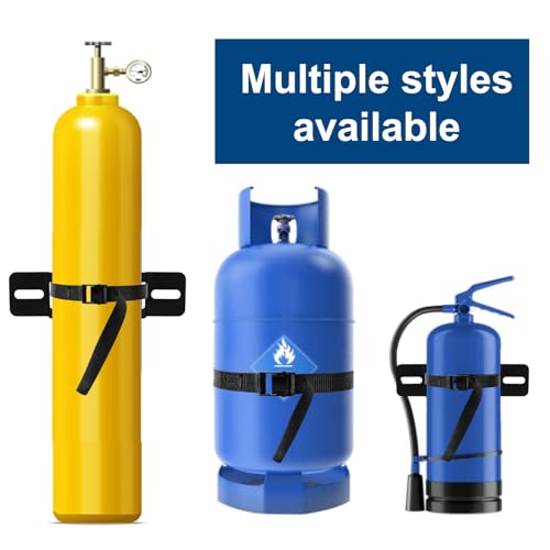 2PCS Gas Cylinder Wall Mounted Brackets, with 59 inches Safety Nylon Belt, Steel Propane Tank Holder, Heavy Duty Oxygen Nitrogen Tank Bracket for OTG Rv Water Softener - Black - color: Black
