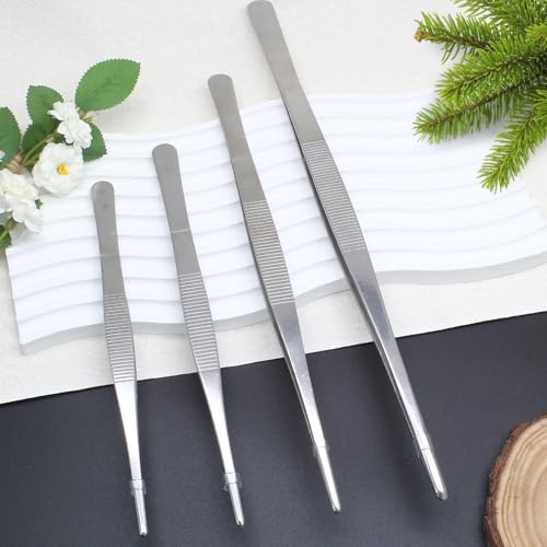 4Pcs 304 Stainless Steel Tweezer Set, 7" 8" 10" 12" Long Tweezers with Precision Serrated Straight Tips, Non-slip Kitchen Tweezers for Cooking Baking Crafts Tank Aquarium Terrarium