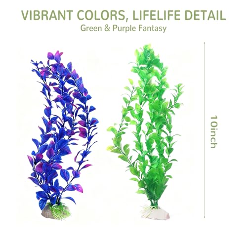 Aquarium Plants Decor,Fish Tank Plants Silk for Artificial Aquarium Plants Plastic Fake,2 Pack Fish Tank Decorations Aquarium Decorations（Green,Purple）