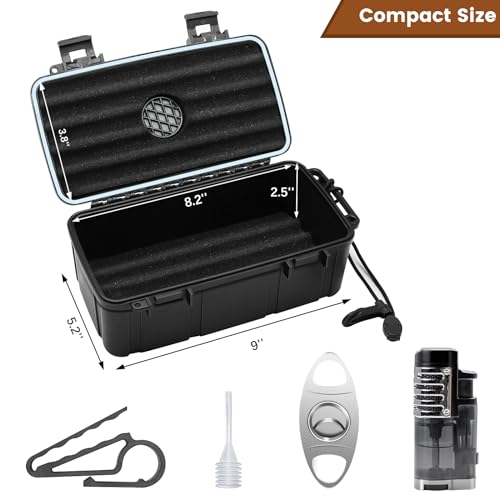Flauno Travel Humidor - Portable Case Kit with Lighter (Without Gas), Cutter, Holder, Humidifier & Dropper, Waterproof, Crushproof, Airtight Seal (Holds up to 15 Cigars) - size: Holds up to 15 Cigars with Cigar Lighter
