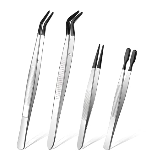 Ainiv 4pcs Tweezers with Rubber Tips, PVC Coated Tweezers Set, Rubber Straight/Flat/Long Curved Tips Non Marring Tweezers for Jewelry Crystals Bead, Crafts Making, Lab Stainless Steel Tweezer Tool - color: 4pc Pvc Tweezers, size: 4pcs
