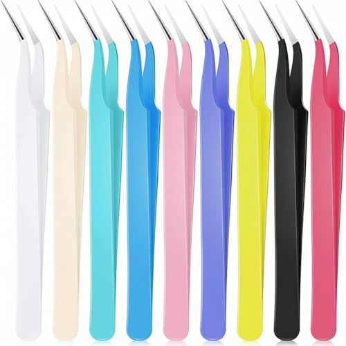 Honoson 9 Pieces Precision Curved Pointed Craft Tweezers Stainless Steel Tweezer with Protective Cover for Rhinestones Dried Flowers Craft Stickers Eyelash Extension Jewelry Making (Multicolor) - color: Multicolor