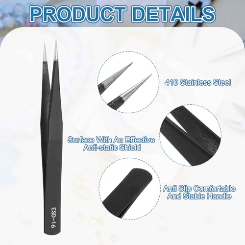 HARFINGTON 3pcs 4.92" Long ESD-16 Anti-static Straight Pointed Tip Tweezers Stainless Steel Round Edge Non-magnetic Precision Tweezers for Various Electronics Precise Repair - size: 4.92"（ESD-16)