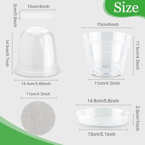 BTPLASTIK 6 Inch Clear Nursery Pots with Humidity Domes 15 Pack, Transparent Plastic Plant Pot with Drainage Holes and Saucers, Seed Starter Pots with 15 Pcs Plant Labels and 15 Pcs Soil Screens - size: 6Inch-15P-with Humidity Domes