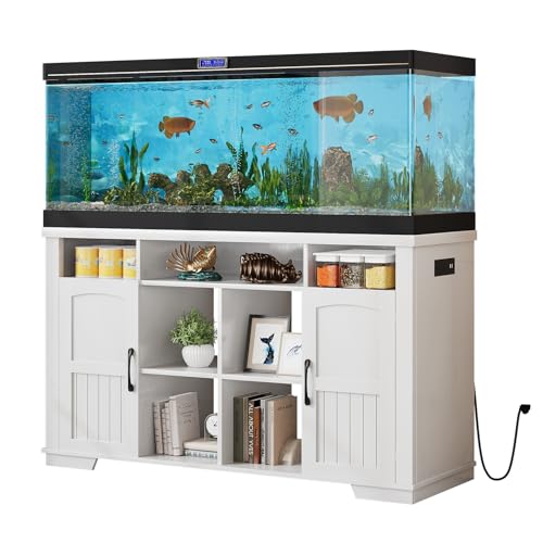 55-75 Gallon Fish Tank Stand with Power Outlet, Farmhouse 75 Gallon Aquarium Stand with Cabinet for Fish Tank Accessories Storage, Shelf, for Turtle Tank, Reptile Terrarium, 1000 LBS (White)