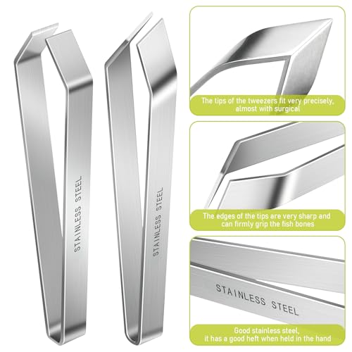 2 Pcs Fish bone tweezers,Stainless Steel Tweezers Flat and Slant for Fish Bones,Pig and Chicken Hair Remover