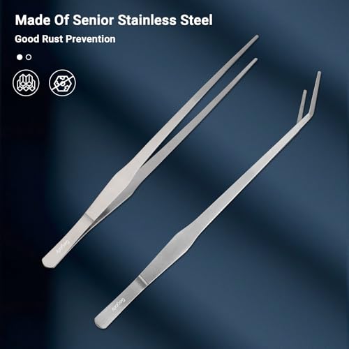 Segarty Longer Tweezers Aquascaping Tools with 1 Bag, 2 in 1 Stainless Steel Silver Aquarium Tools Kit for Fish Tank Aquatic Plant, Feeding Tweezer Curved Tweezer Anti Rust Aquascape Set