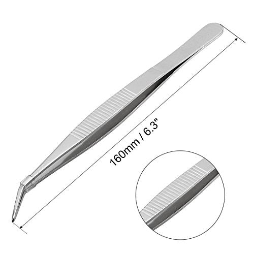 uxcell 6.3-Inch Stainless Steel Tweezers with Curved Pointed Serrated Tip