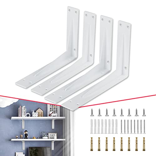 CLT 10” White Shelf Bracket, 1/5" Thick – Heavy Duty Corner Brace, Supports 330 lbs, Industrial Modern Farmhouse Style – Right Angle Bracket for Tables, Benches, DIY Space-Saving Projects (Pack of 4) - size: 10 inches, style: White L Gusset