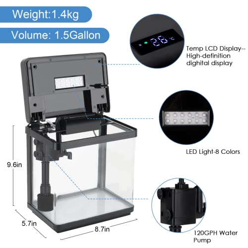 AQQA 1.5 Gallon Aquarium Kits Desktop Small Fish Tank with Filter and Light (8 Colors Adjustable) Freshwater & Saltwater Betta Fish Tank Kit Office & Home Decor (Black)
