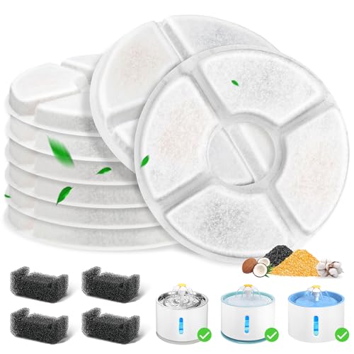 12 Pack Cat Water Fountain Filter, 8 Pcs Cat Fountain Filters Replacement Dia is 5" & 4 Pcs Pre-Filter Sponges for 81oz / 2.4L Round Automatic Pet Water Fountain Dog Dispenser, 3-Filtration System