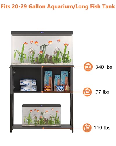 Piskyet 20-29 Gallon Fish Tank Stand, Metal Frame Aquarium Stand, Cabinet for Fish Tank Accessories Storage，Suitable for Turtle Reptile Tank Stand Terrarium Stand,340Lbs,Black