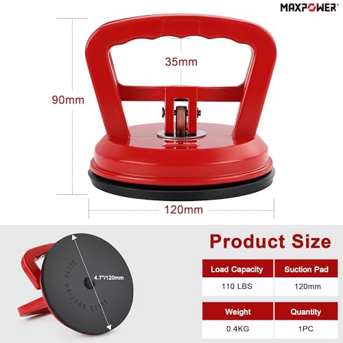 MAXPOWER Glass Suction Cups, 2-Piece Aluminum Vacuum Suction Cup Lifter for Replace Windshield Tile Marble Floor, 110 Lbs Load Capacity, 4.7" Suction Pad