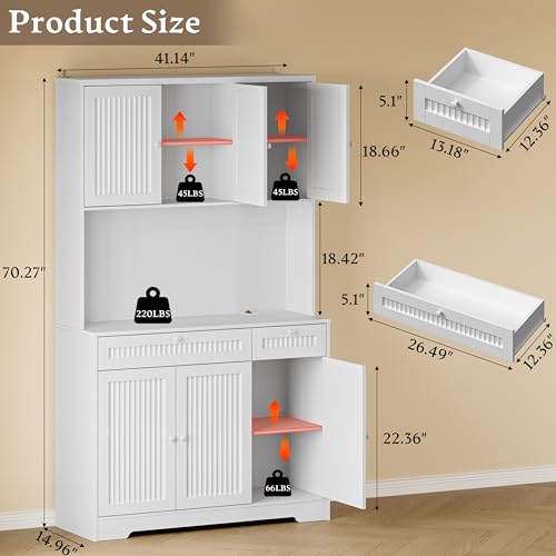 BORNOON Pantry Cabinet with Charging Station and Light, Tall Kitchen Pantry Storage Cabinet with Microwave Stand, Wide Fluted Kitchen Hutch with Storage Drawers and Adjustable Shelves for Dining Room - color: White, size: 6-Door