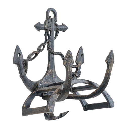 MyGift Brown Heavy Duty Cast Iron Outdoor Garden Hose Hanger Wall Mounted Water Hose Holder Reel with Vintage Scrollwork Design (Ship Anchor) - style: Ship Anchor