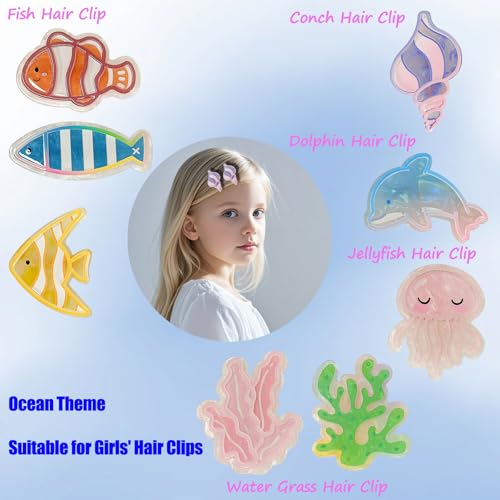 8 Pcs Ocean Marine Animal Hair Clips - Aquatic Plants, Fish, Jellyfish, Conch, Dolphin - Sea Animal Alligator Clips, Stylish Hair Accessories for Girls, Suitable for Thick or Thin Hair